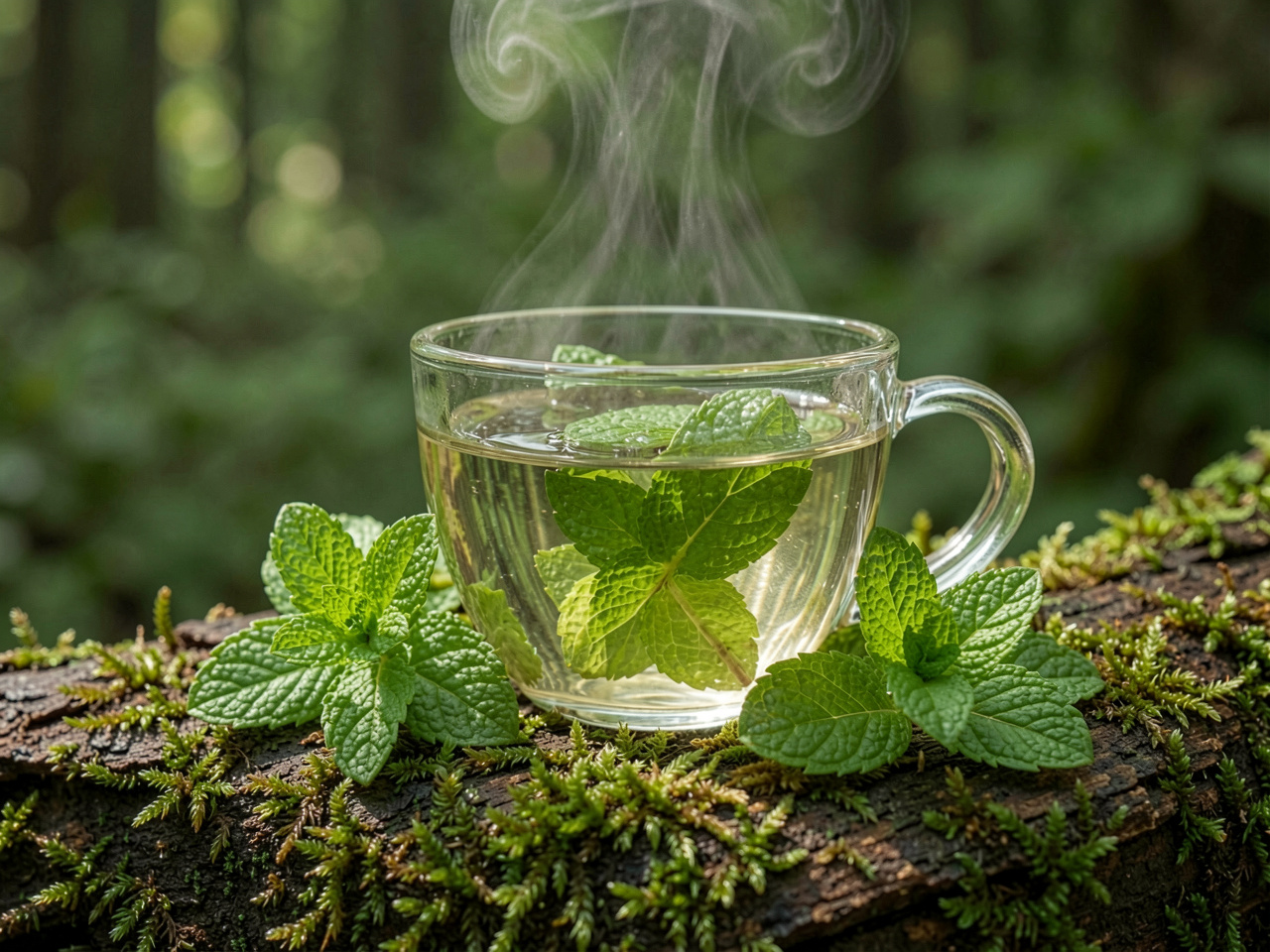 Forest mint herbal tea steeping in glass
